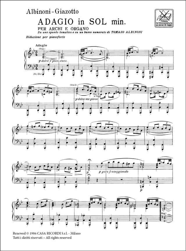 Adagio in sol minore (g minor) - Riduzione Per Pianoforte - pro klavír